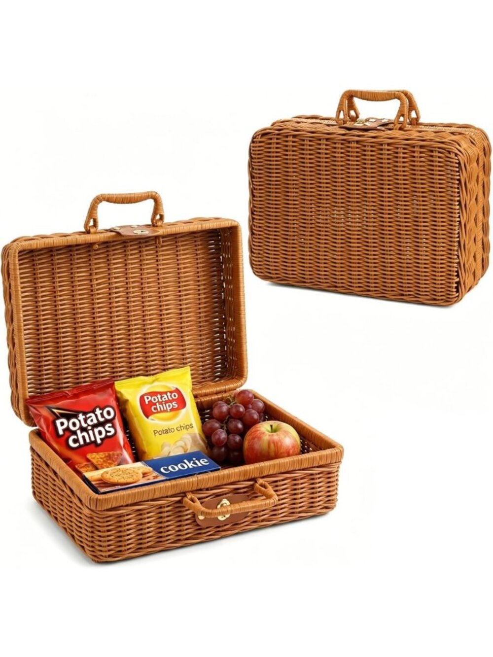 Chic Small Wicker Picnic Basket, 11.8" Rustic Rattan Suitcase with Handle